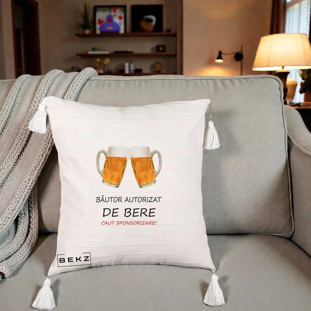 Perna Decorativa Bautor Autorizat de Bere, 40x40 cm, Bej cu Franjuri, Husa Detasabila, Perna Inclusa, BEKZ®