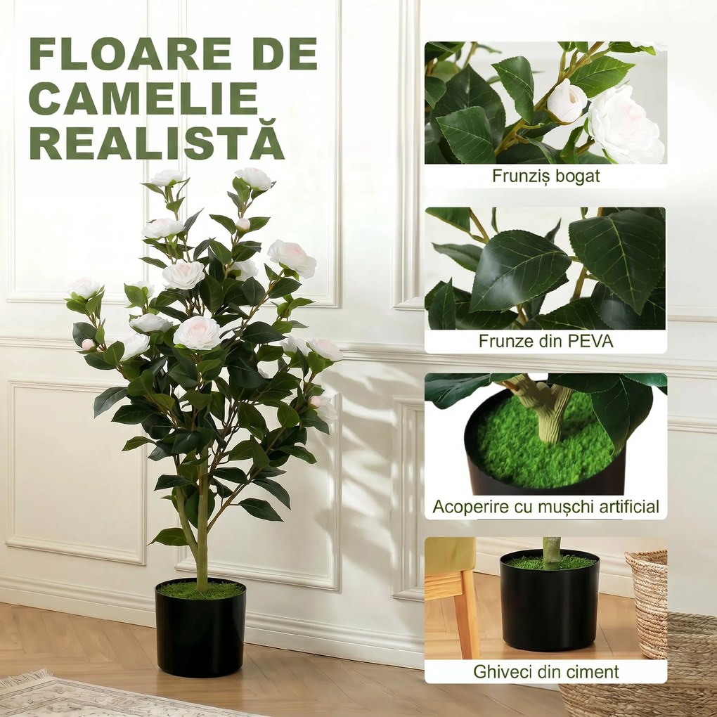 HOMCOM Plantă Artificială Camelie, Flori Realiste, 176 Frunze PEVA, Ghiveci PP, Alb | Aosom Romania