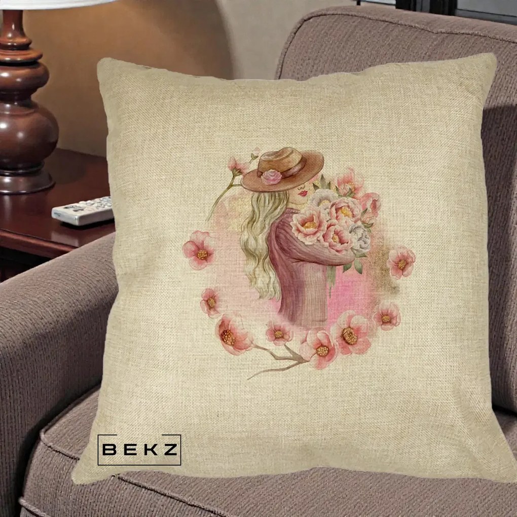 Perna Decorativa Femeie cu Flori Roz Acuarela, 40x40 cm, Crem, Husa Detasabila, Perna Inclusa, BEKZ®