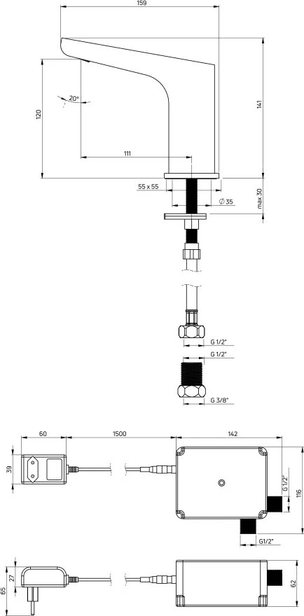 HIACYNT Baterie pentru chiuvetă, fără contact direct, fără sistem de reglare a temperaturii - 230/6V Finisaj: Negru BQH_N28V