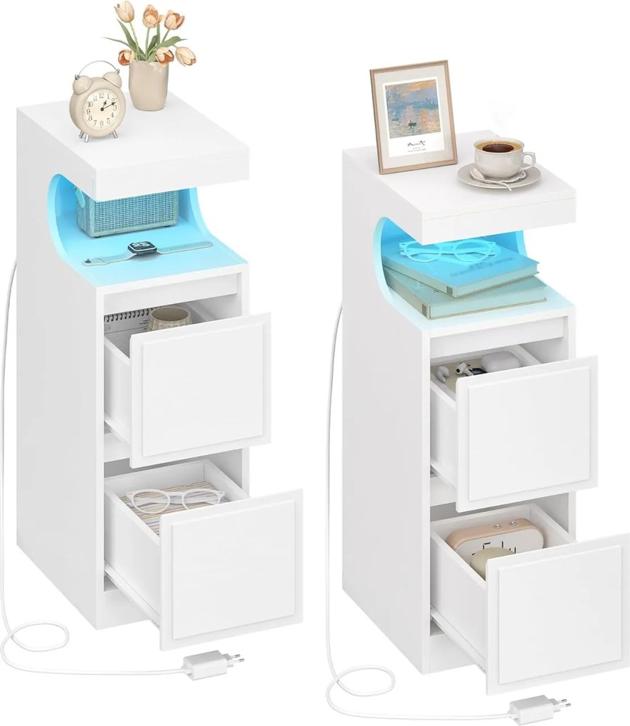 NOA79 - Set 2 Noptiere, 24 cm, foarte inguste, cu LED, 2 Sertare si Raft - Alb