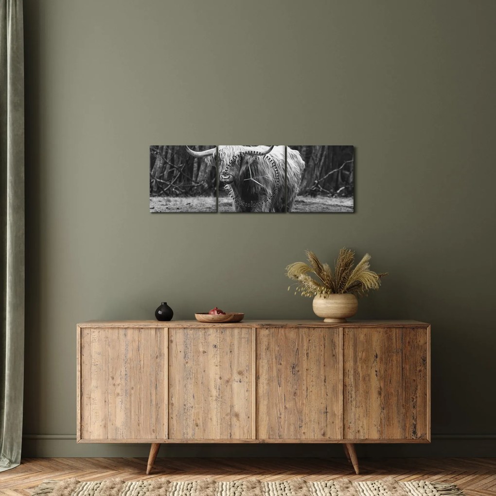 Tablou - Vacă scoțiană 3,alb-negru (cu ceas) (90x30 cm)