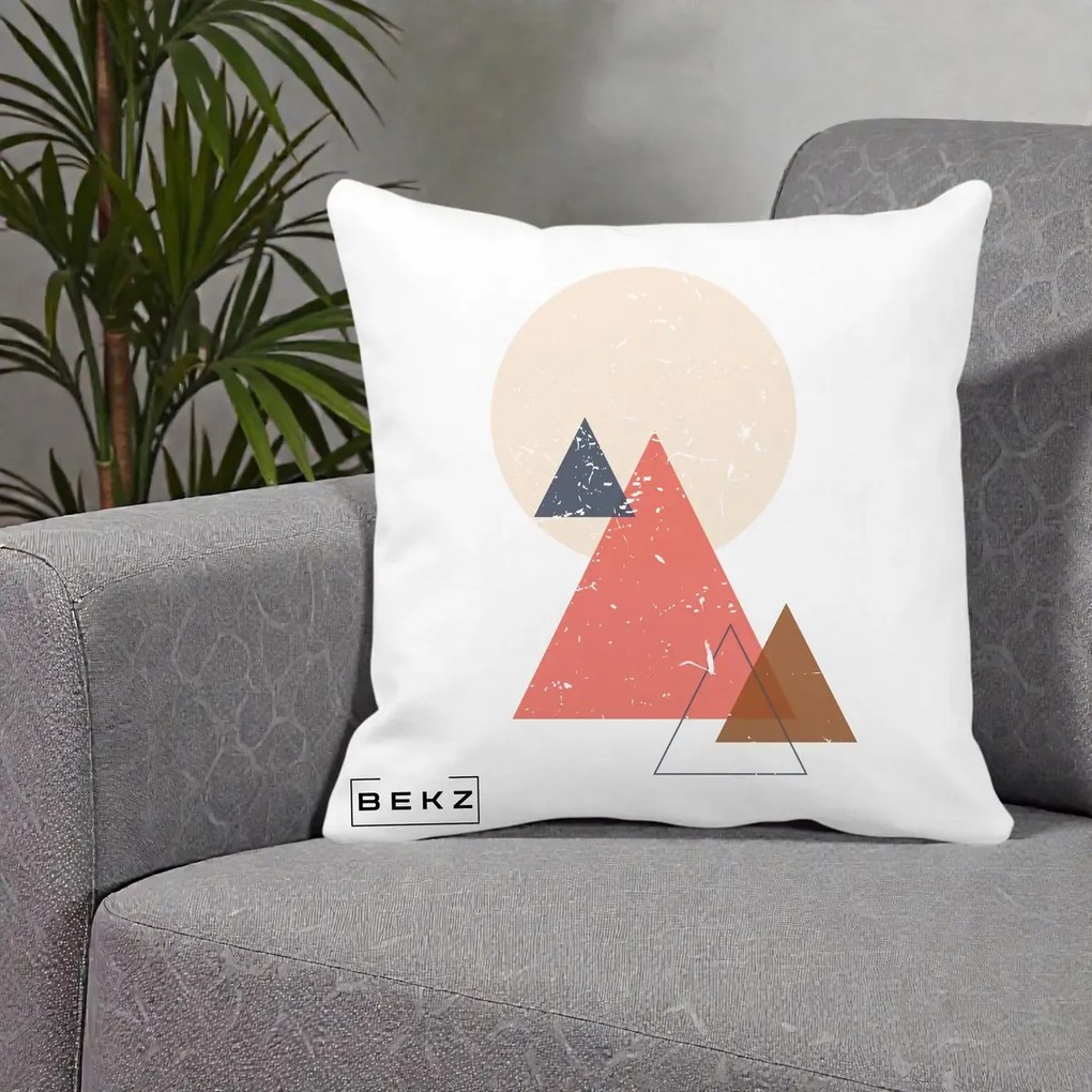 Perna Decorativa Geometric Munti si Soare, 40x40 cm, Alba Mata, Husa Detasabila, Perna Inclusa, BEKZ®