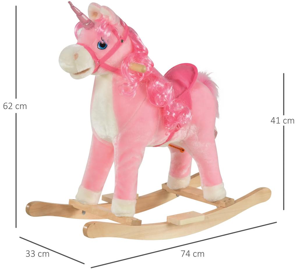 HOMCOM Unicorn Balansoar pentru Copii 36-72 Luni, Jucărie Interactivă cu Sunete din Lemn și Pluș Roz, 74x33x62cm | Aosom Romania