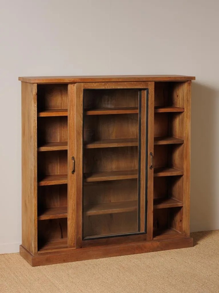 Vitrina din lemn reciclat si sticla, cu 2 usi glisante,aspect rustic, Emile