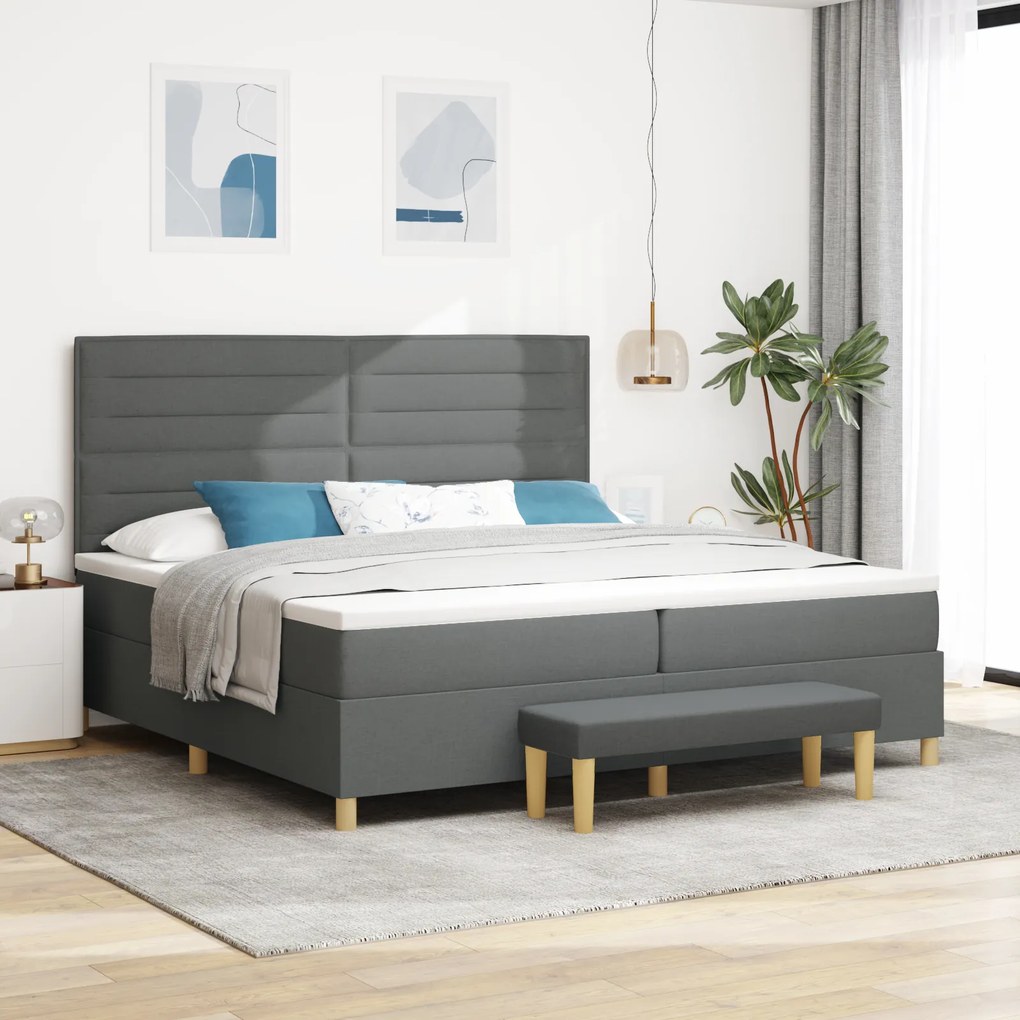 Pat Box Spring vidaXL cu Saltea și Bancă Gri Închis 200x200 cm Fabricat