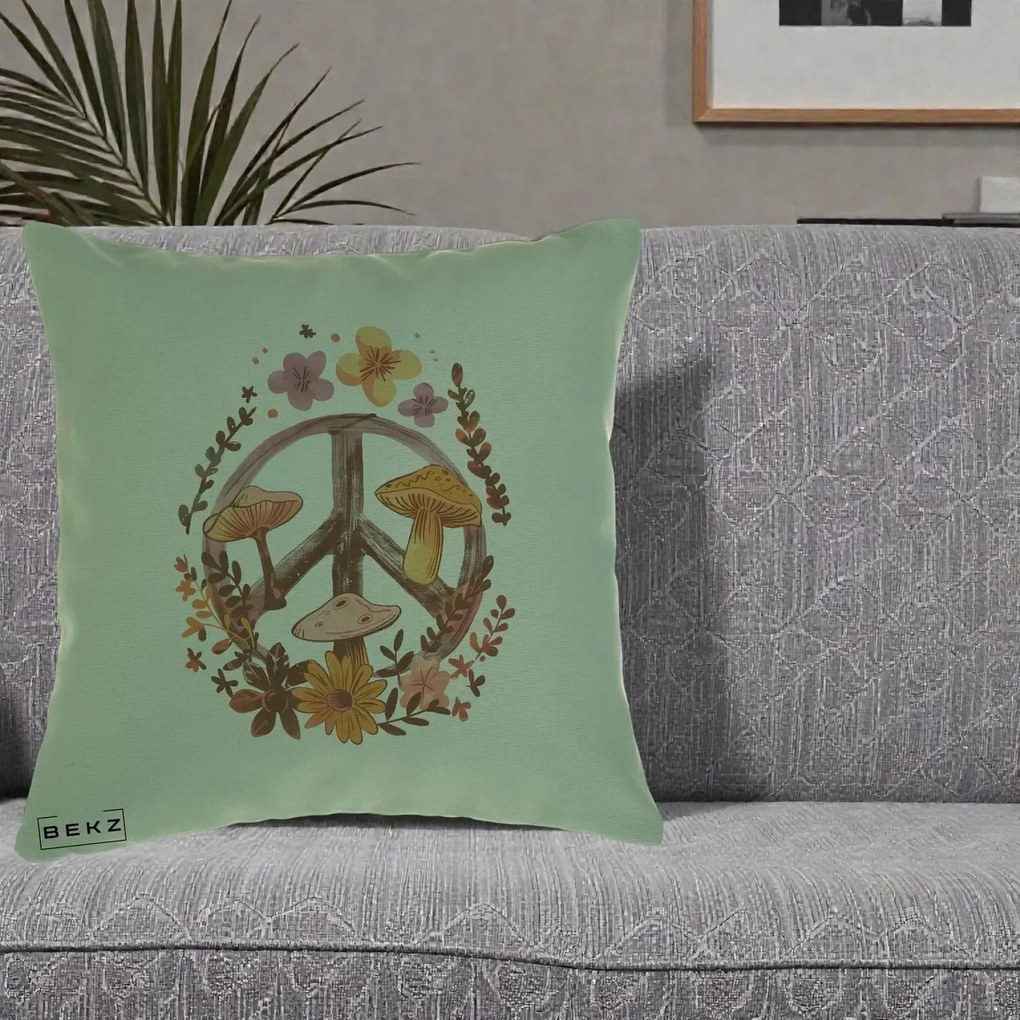 Perna Decorativa Peace Sign Ciuperci Floral, 40x40 cm, Verde, Husa Detasabila, Perna Inclusa, BEKZ®