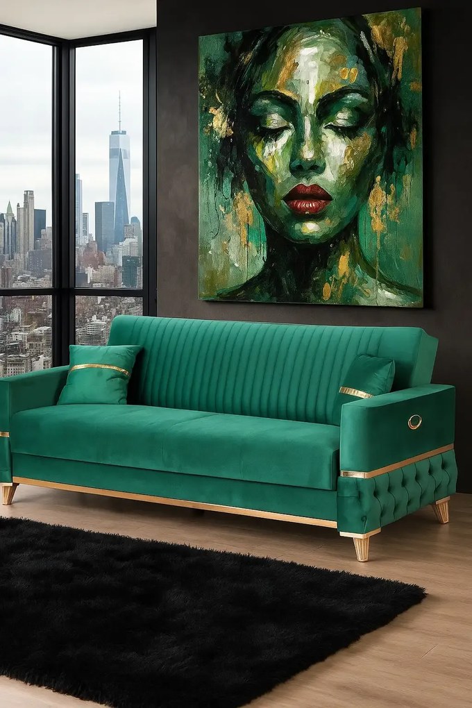Canapea extensibila cu lada de depozitare 220x90x97 cm – stofa verde, detalii aurii –  Vegas
