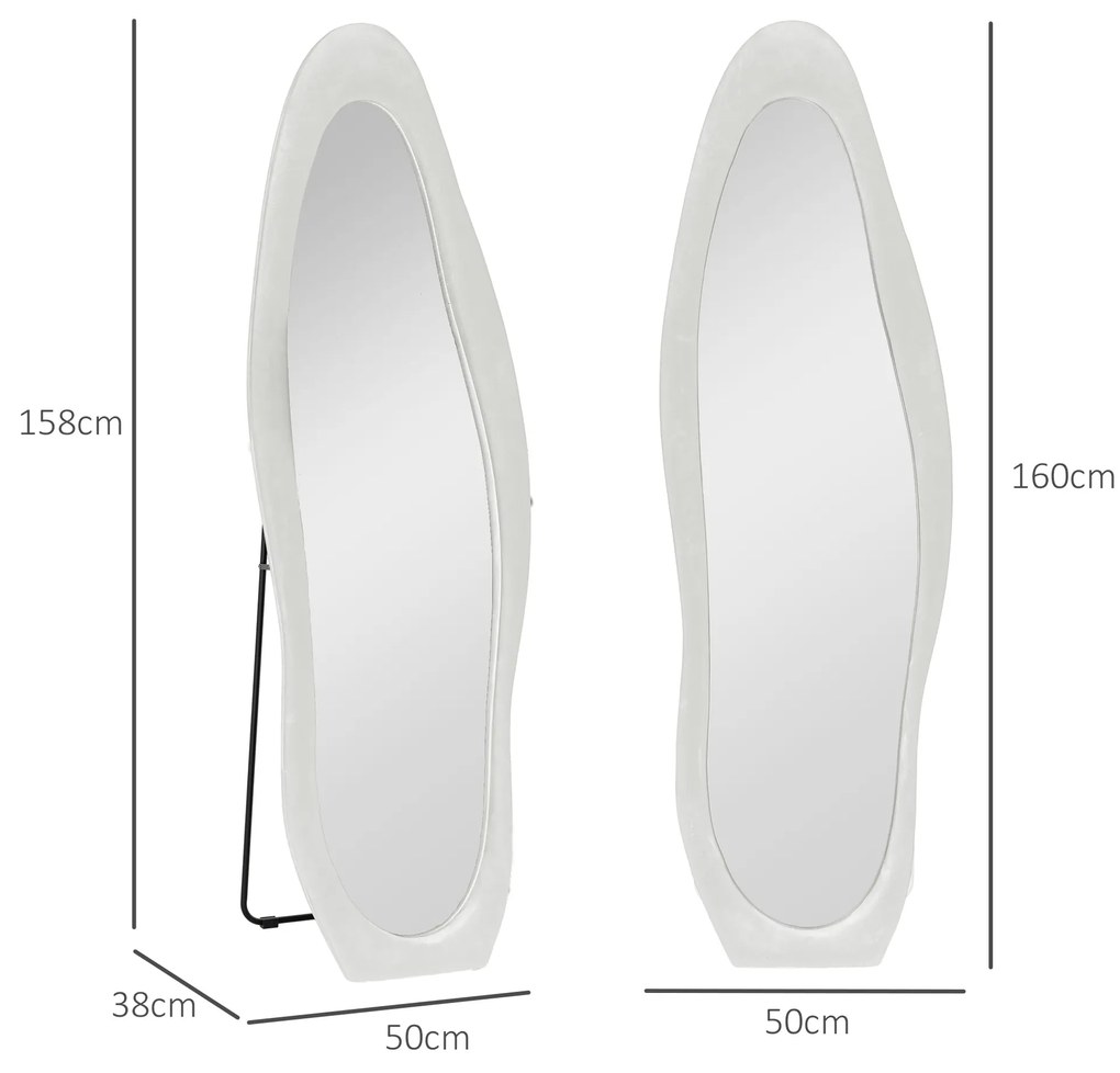 HOMCOM Oglindă cu Ramă Ondulată din Catifea, Oglindă Modernă de Podea sau Fixată pe Perete, 160x50 cm, Alb | Aosom Romania