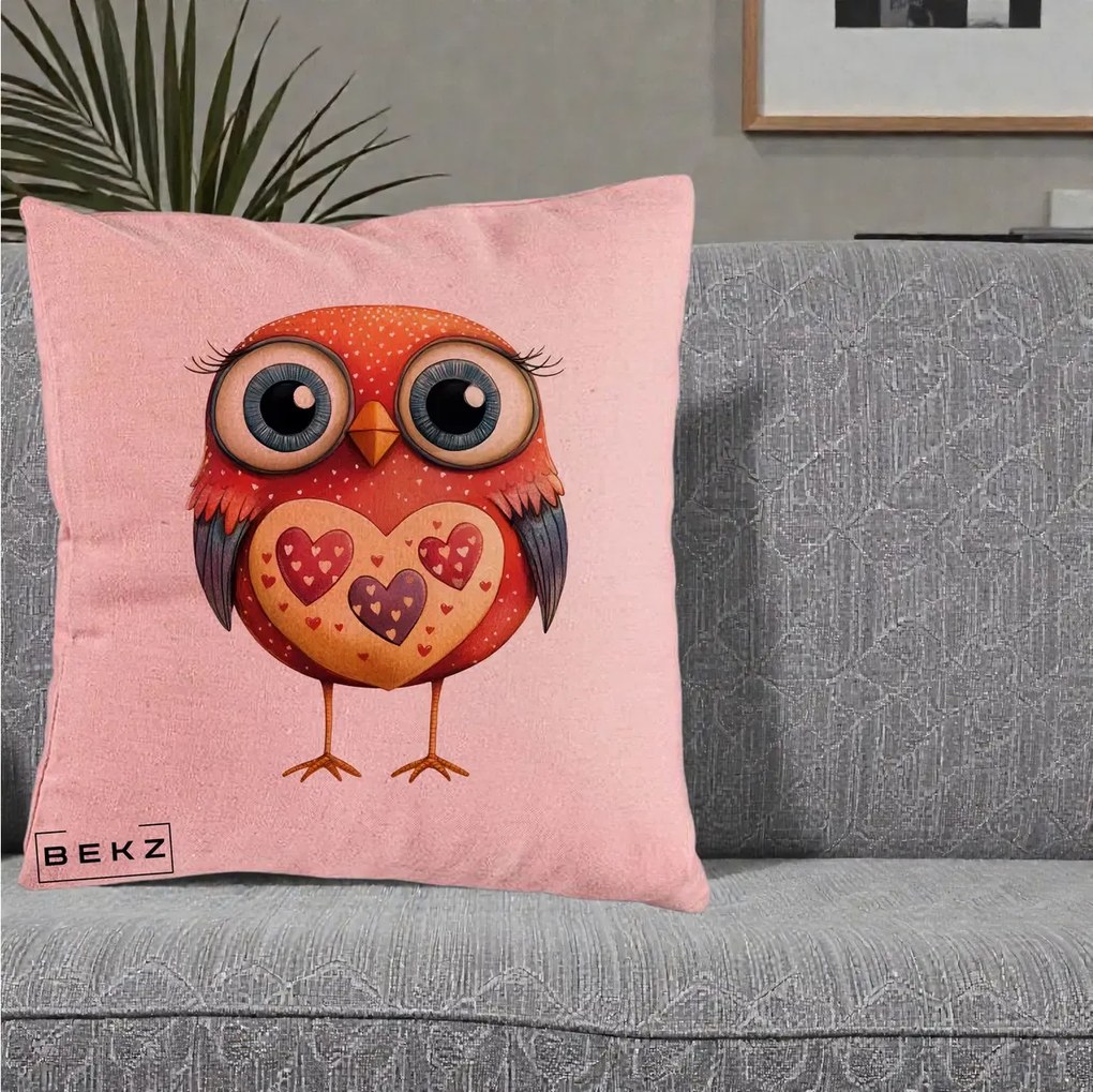 Perna Decorativa Bufnita Rosie cu Inimi Aurii, 40x40 cm, Roz, Husa Detasabila, Perna Inclusa, BEKZ®