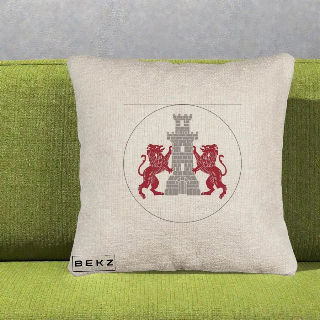 Perna Personalizata Cetatea Turnu Magurele Heraldic, 40x40 cm, Bej Canapea, Husa Detasabila, Perna Inclusa, BEKZ®