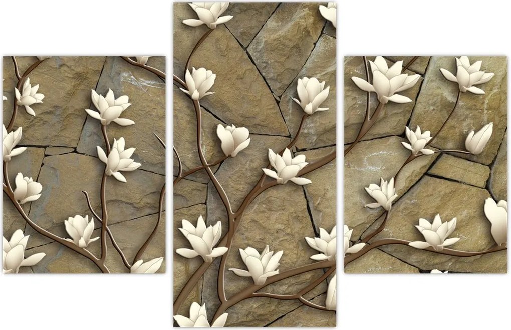 Tablou - Magnolii albe pe zidărie de piatră (90x60 cm)