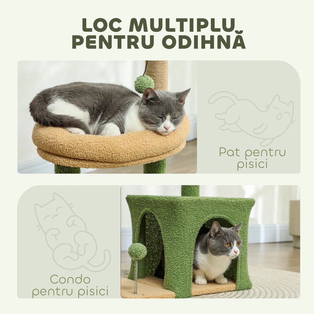 PawHut Ansamblu de Joacă pentru Pisici cu Căsuță, 2 Jucării cu Bilă și Pat Verde și Maro | Aosom Romania