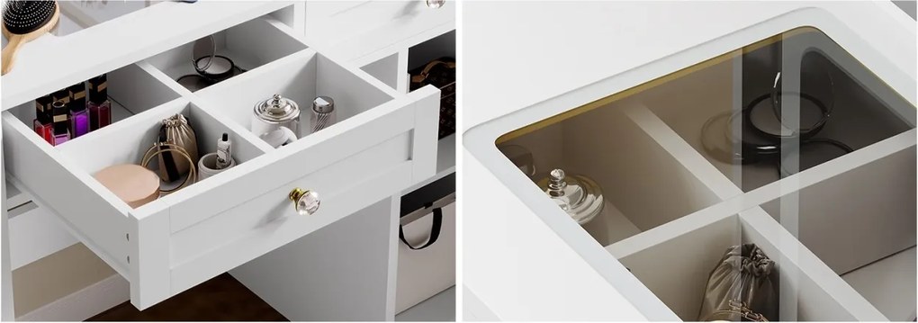 Masuta machiaj cu Oglinda LED si 2 Sertare pentru Cosmetice, Set Masa toaleta 90 cm, Alb, masuta cosmetica, vanity - SEA498