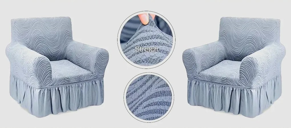 Set 2 Huse elastice pentru fotolii, cu volanas si model Jacquard Gri in dungi