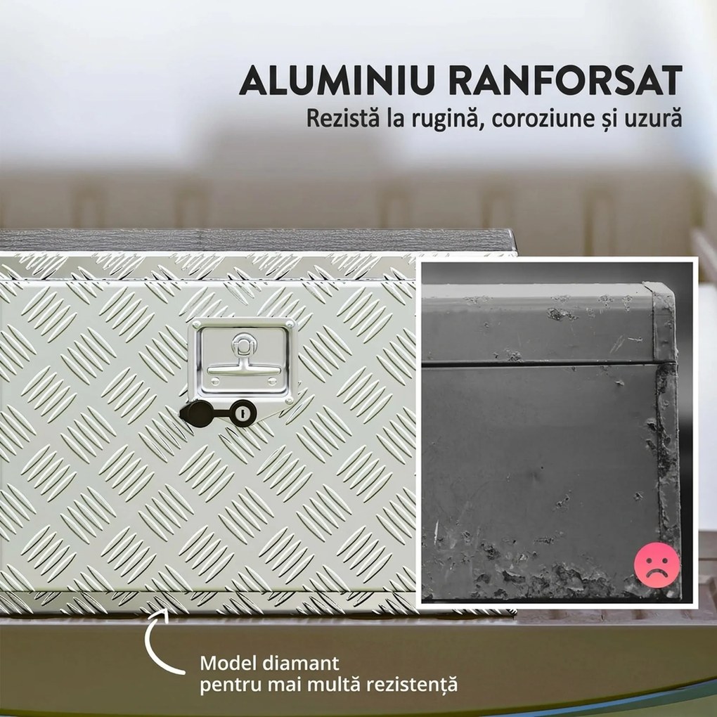 HOMCOM Cutie de Scule din Aluminiu cu Încuietoare și 2 Chei, Box de Depozitare 76L, Rezistentă și Impermeabilă, pentru Pickup Rulote Remorci, 60,9x35,5x40,6cm, Argintiu | Aosom Romania