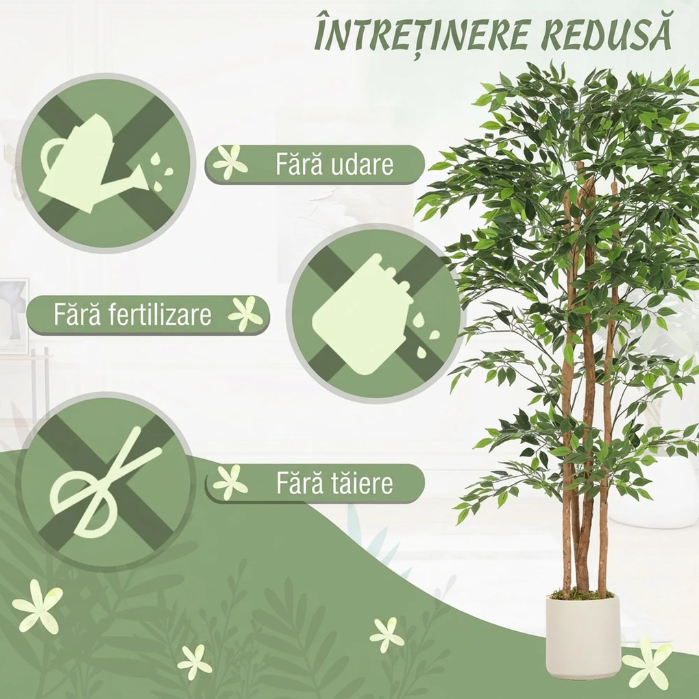 HOMCOM Plantă artificială Ficus Banyan din PEVA și lemn, cu ramuri flexibile și ghiveci din PP și ciment | Aosom Romania