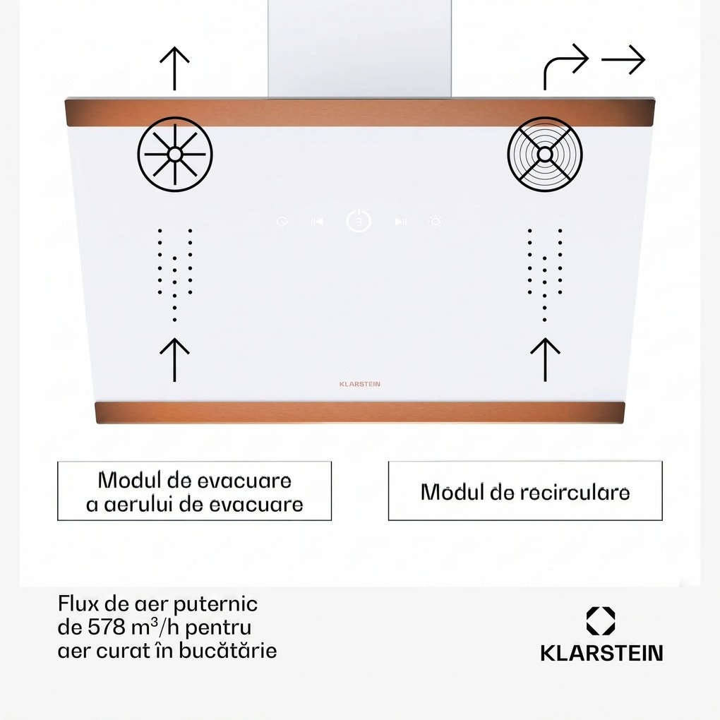 Klarstein FlashLine 60 hotă de bucătărie, A++, 578 m³/h, 3 trepte, touch control, silențioasă, LED, evacuare/recirculare, 100 W