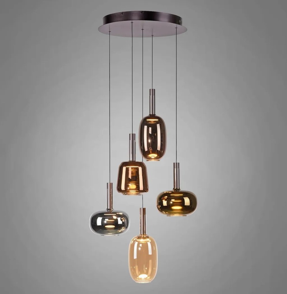 Lustra cu 5 pendule LED, inaltime reglabila, sticla, multicolor, IRIDES