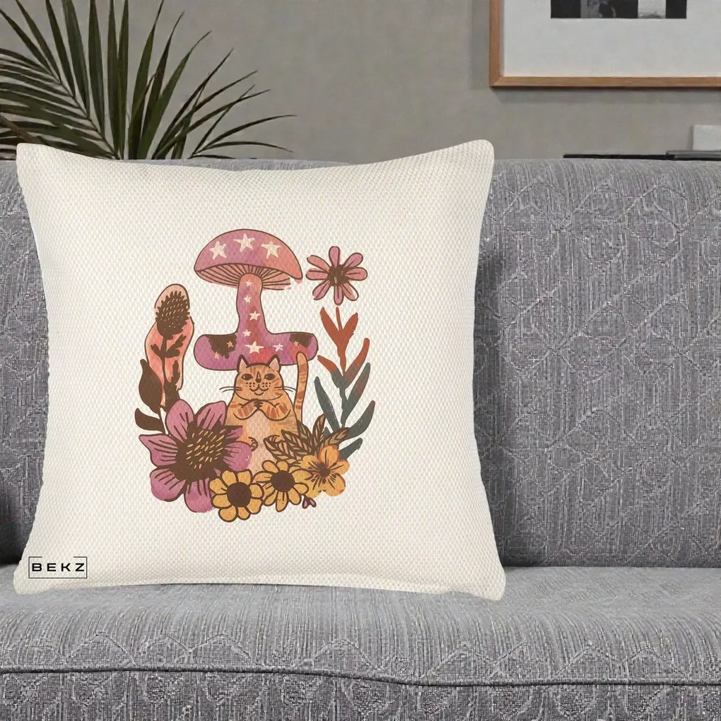 Perna Decorativa Ciuperca Pisica Boho, 40x40 cm, Crem Reliefat, Husa Detasabila, Perna Inclusa, BEKZ®