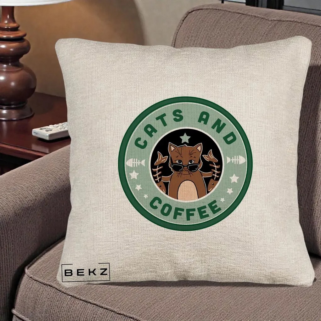 Perna Personalizata Cats and Coffee Starbucks, 40x40 cm, Bej Canapea, Husa Detasabila, Perna Inclusa, BEKZ®