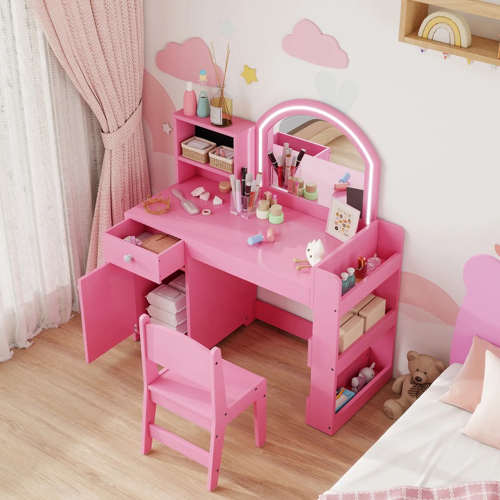 AIYAPLAY Set masă și scaun de machiaj pentru copii, cu lumini LED, MDF, Acril, 88.6 x 38.8 x 96.9, Roz | Aosom Romania