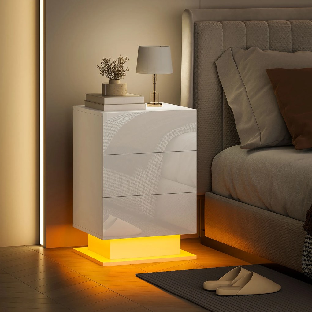 HOMCOM Noptieră cu Lumini LED Reglabile, 3 Sertare și Telecomandă, 40x35x60 cm, Alb | Aosom Romania