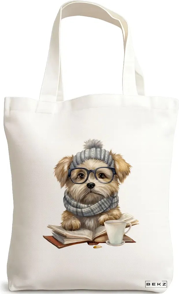Sacosa de Panza pentru Cumparaturi, Geanta Tote, model Reading puppy 3 38 x 34.5 cm, Alba, BEKZ®