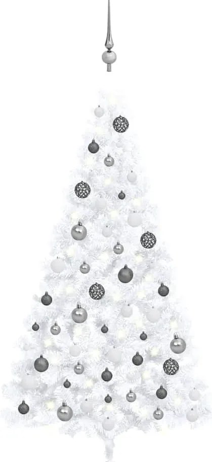 vidaXL Jumătate brad Crăciun pre-iluminat cu set globuri, alb, 150 cm