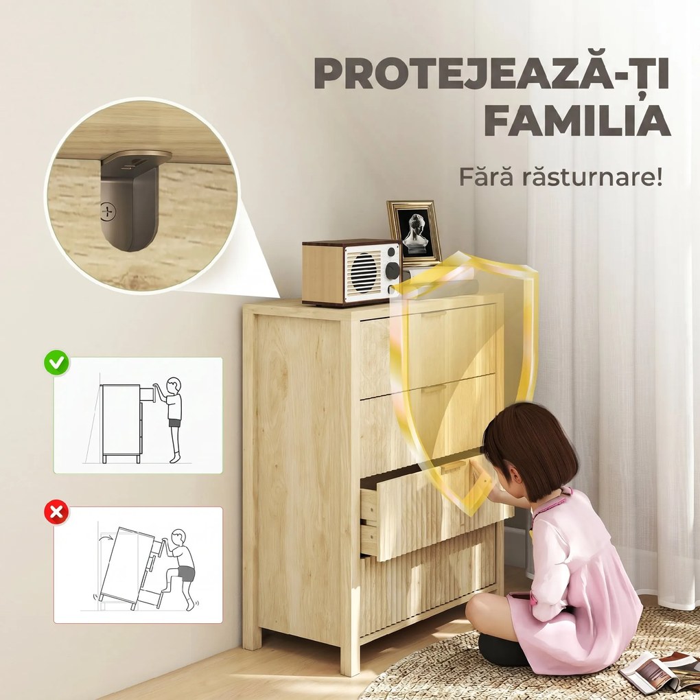 HOMCOM Comodă pentru Dormitor cu 4 Sertare Canelate, Comodă din Lemn cu Mânere Aurii, pentru Sufragerie, Sala de Mese și Hol, 70x38x93 cm, Lemn Natural | Aosom Romania