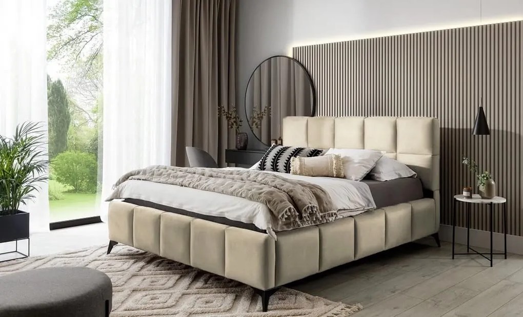 Pat Rubik 160x200 cm Tapitat Stofa Culoare Crem Somiera Inclusa (cod ML 2223-01)