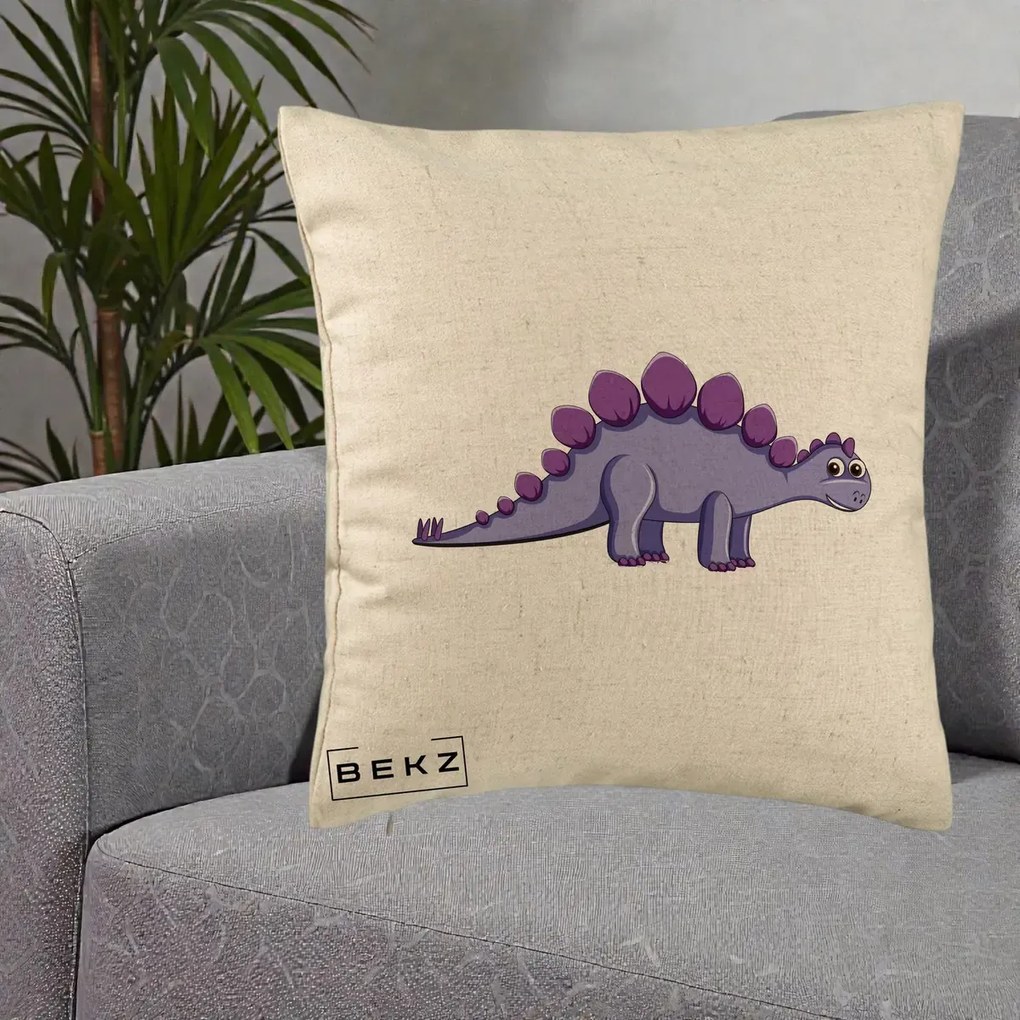 Perna Personalizata Stegozaur Mov, 40x40 cm, Bej, Husa Detasabila, Perna Inclusa, BEKZ®