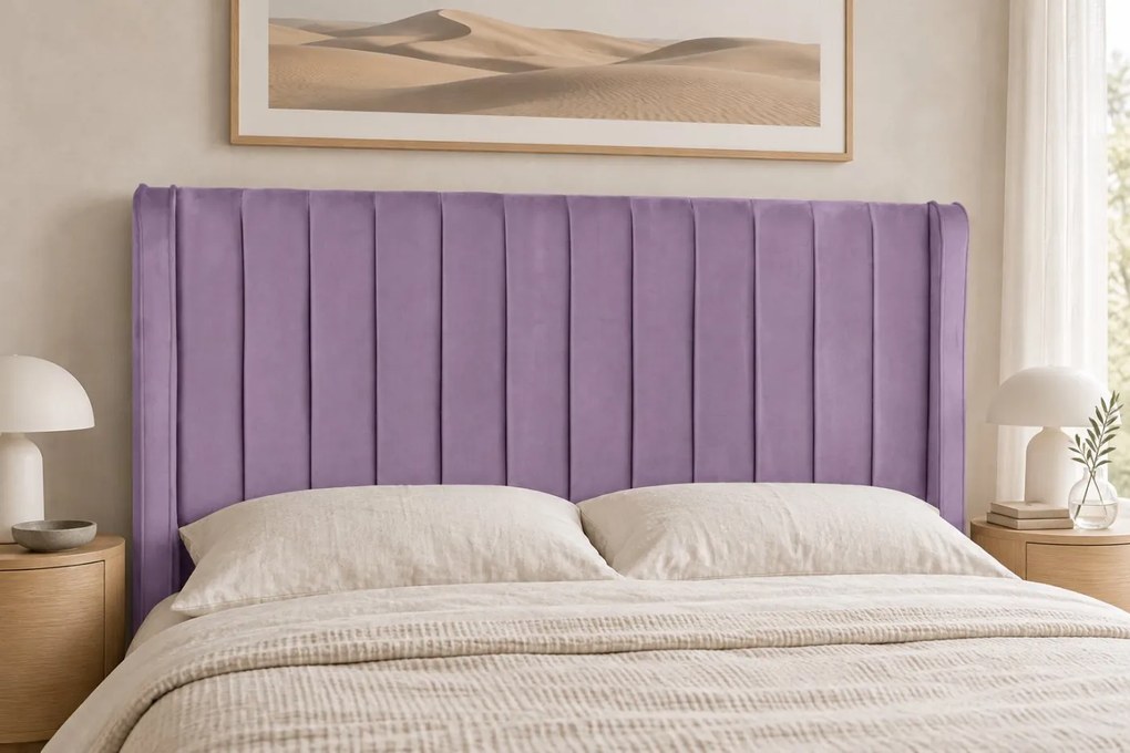 Pat tapițat din catifea Aurelia Simple 140×200 cm, lila, cu ladă de depozitare
