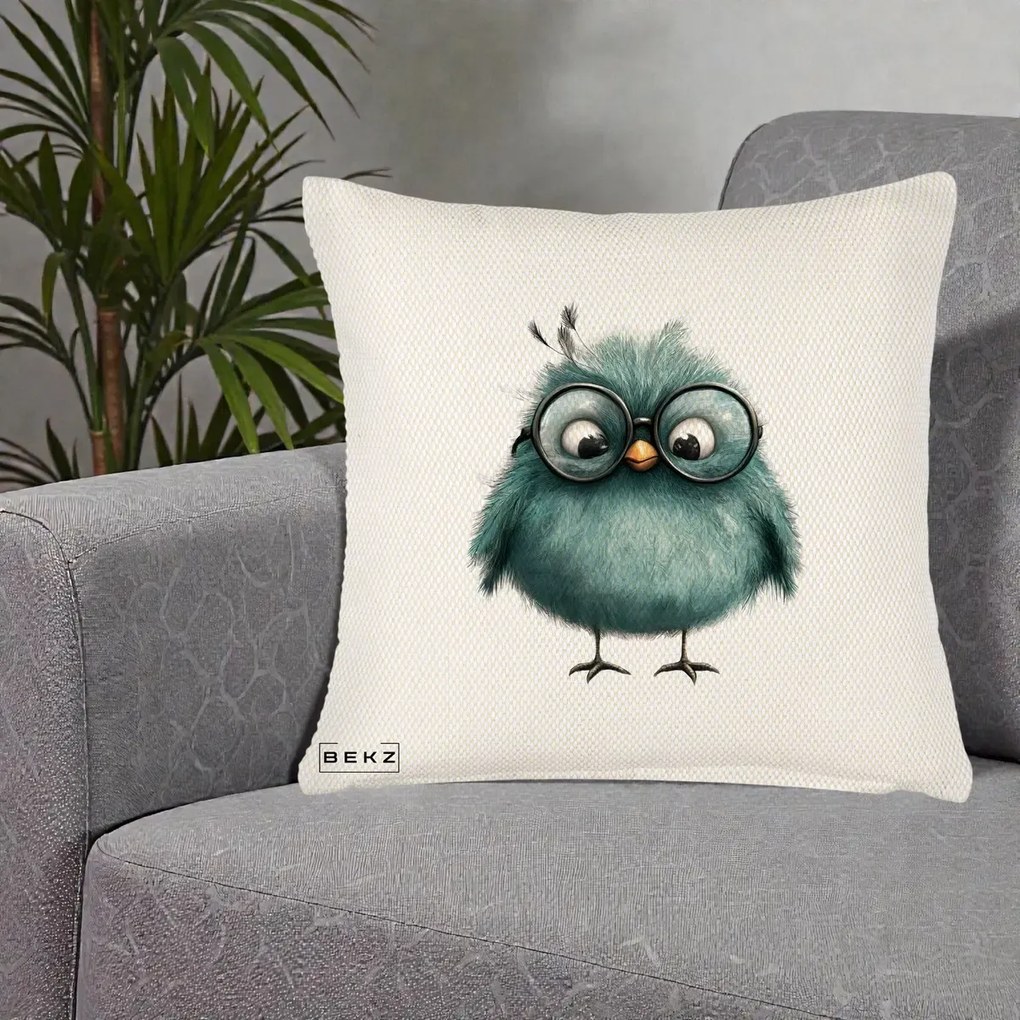 Perna Decorativa Pui Teal cu Ochelari Rotunzi, 40x40 cm, Crem Reliefat, Husa Detasabila, Perna Inclusa, BEKZ®