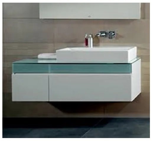 Dulap baza suspendat cu blat sticla, Memento Villeroy&Boch, lavoar dreapta, 130.6x53.5x42.5cm, alb/gri, C264R0MT