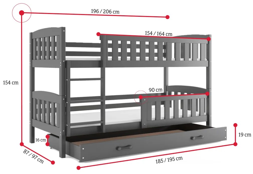 Supermobel Pat supraetajat KUBUS 2 + SD + saltea + somieră GRATIS, 80x190, grafit, grafit
