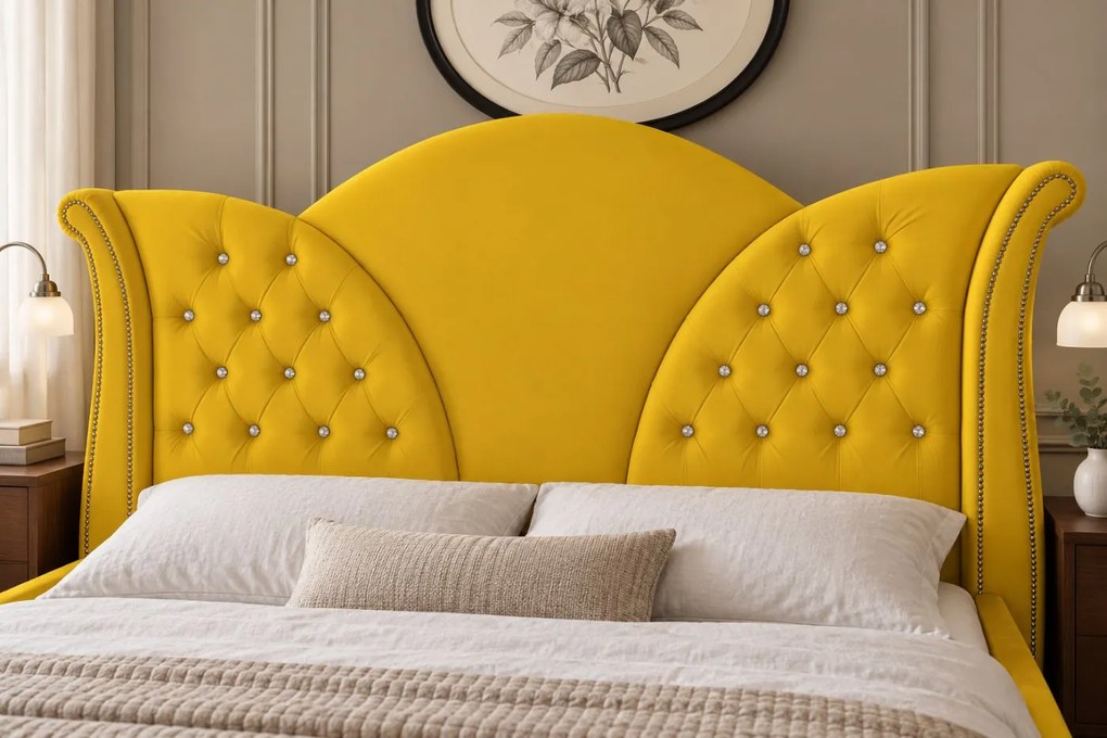Pat tapițat Chesterfield din catifea Velora Deluxe 140×200 cm, galben muștar, cu ladă de depozitare