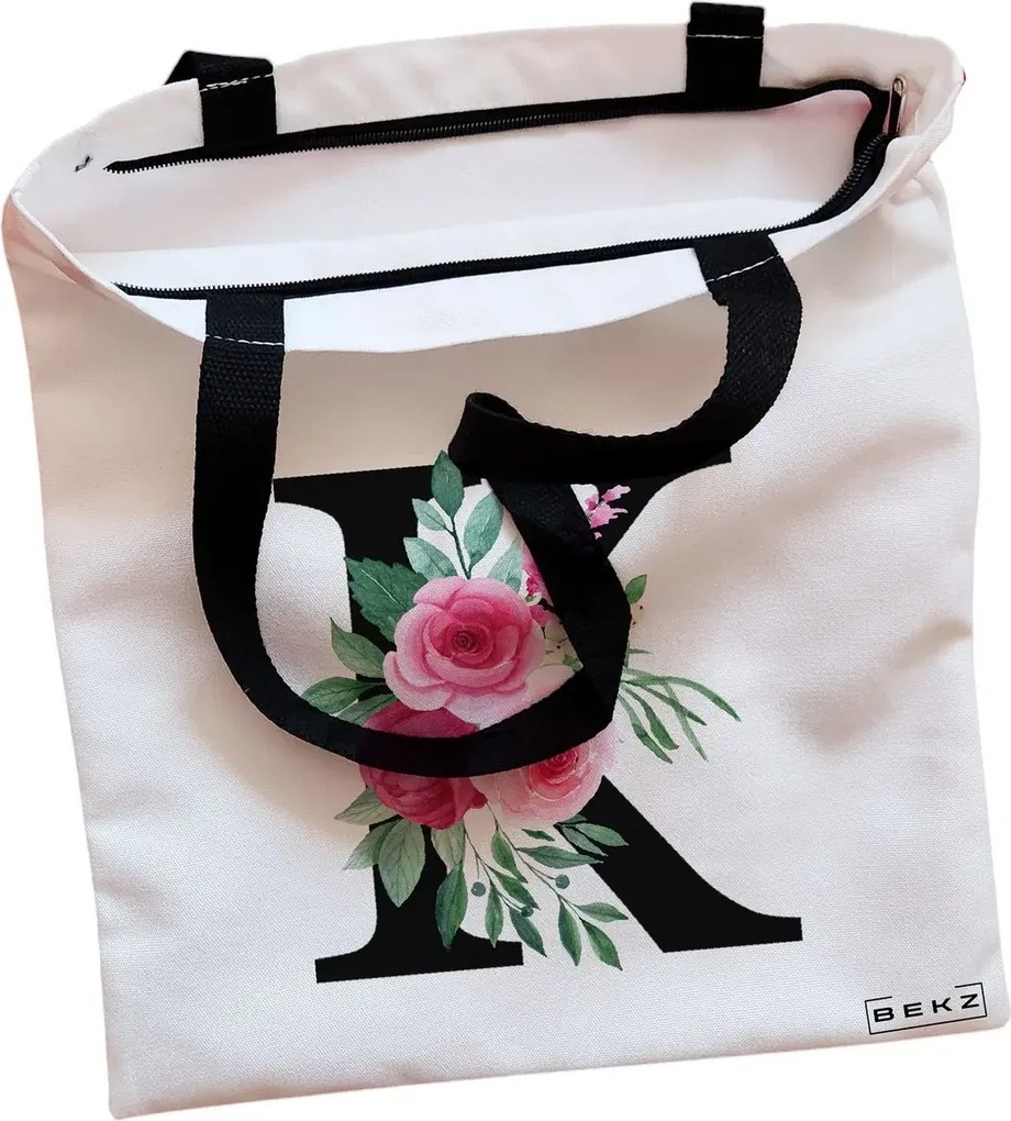 Sacosa de Panza pentru Cumparaturi, Geanta Tote, Cu litera K si Trandafiri, Cu fermoar, 38x34.5 cm, Alba, BEKZ®