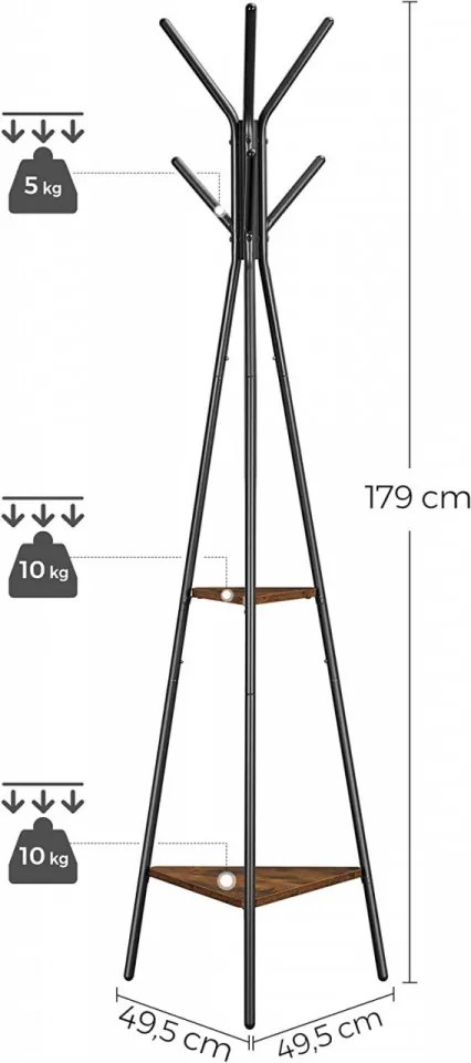 Cuier pom, 49.5 x 49.5 x 179 cm, metal, maro / negru, Vasagle