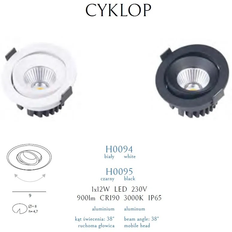 Spot LED directionabil, incastrabil tavan fals / plafon IP65 CYKLOP negru H0095 MX