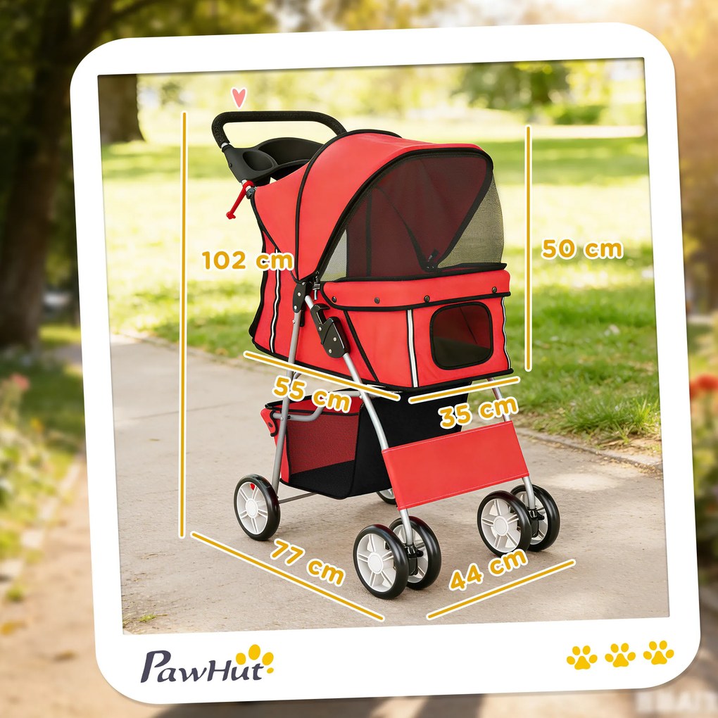 PawHut Cărucior pentru Câini Pliabil cu Benzi Reflectorizante, Roți Rotative, Frâne și Pernuță Lavabilă, Roșu | Aosom Romania
