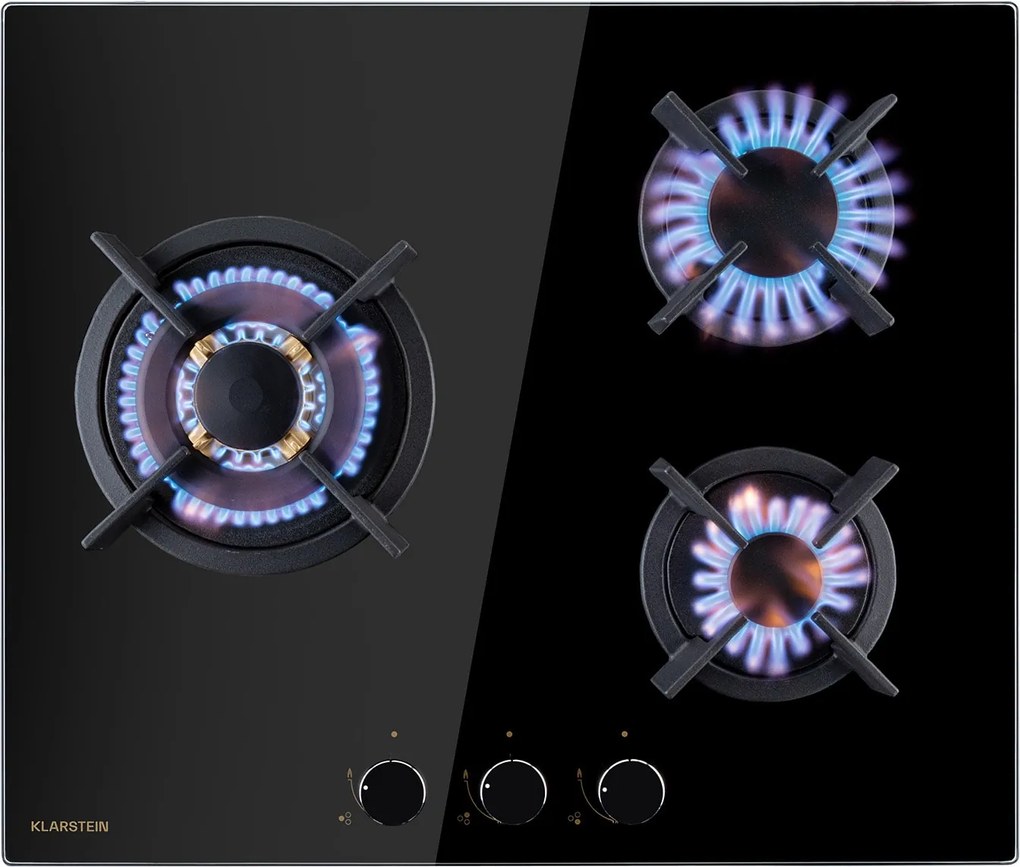 Klarstein Goldflame 3, plită pe gaz, 3 arzătoare, arzătoare Messing, sticlă ceramică