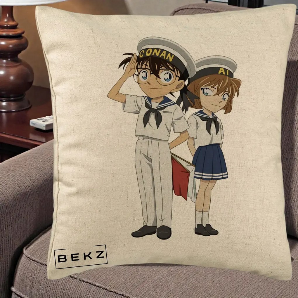 Perna Personalizata Detective Conan Conan si Ai Sailor, 40x40 cm, Bej, Husa Detasabila, Perna Inclusa, BEKZ®