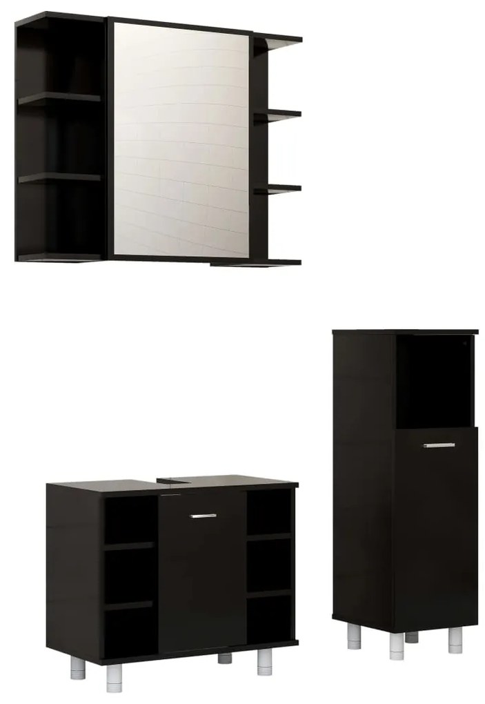 3056944 vidaXL Set mobilier de baie, 3 piese, negru, lemn prelucrat