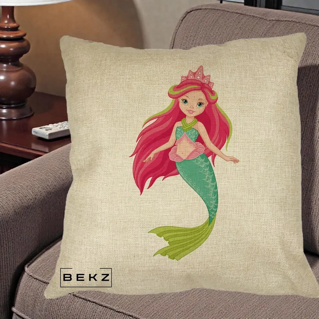 Perna Decorativa Sirena Roz cu Coroana, 40x40 cm, Crem, Husa Detasabila, Perna Inclusa, BEKZ®
