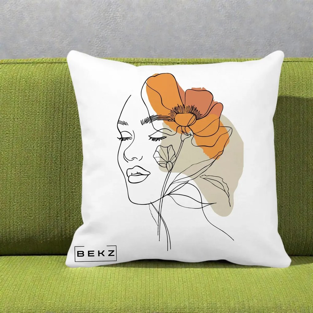 Perna Decorativa Portret Feminin Mac Mare Portocaliu, 40x40 cm, Alba Mata, Husa Detasabila, Perna Inclusa, BEKZ®