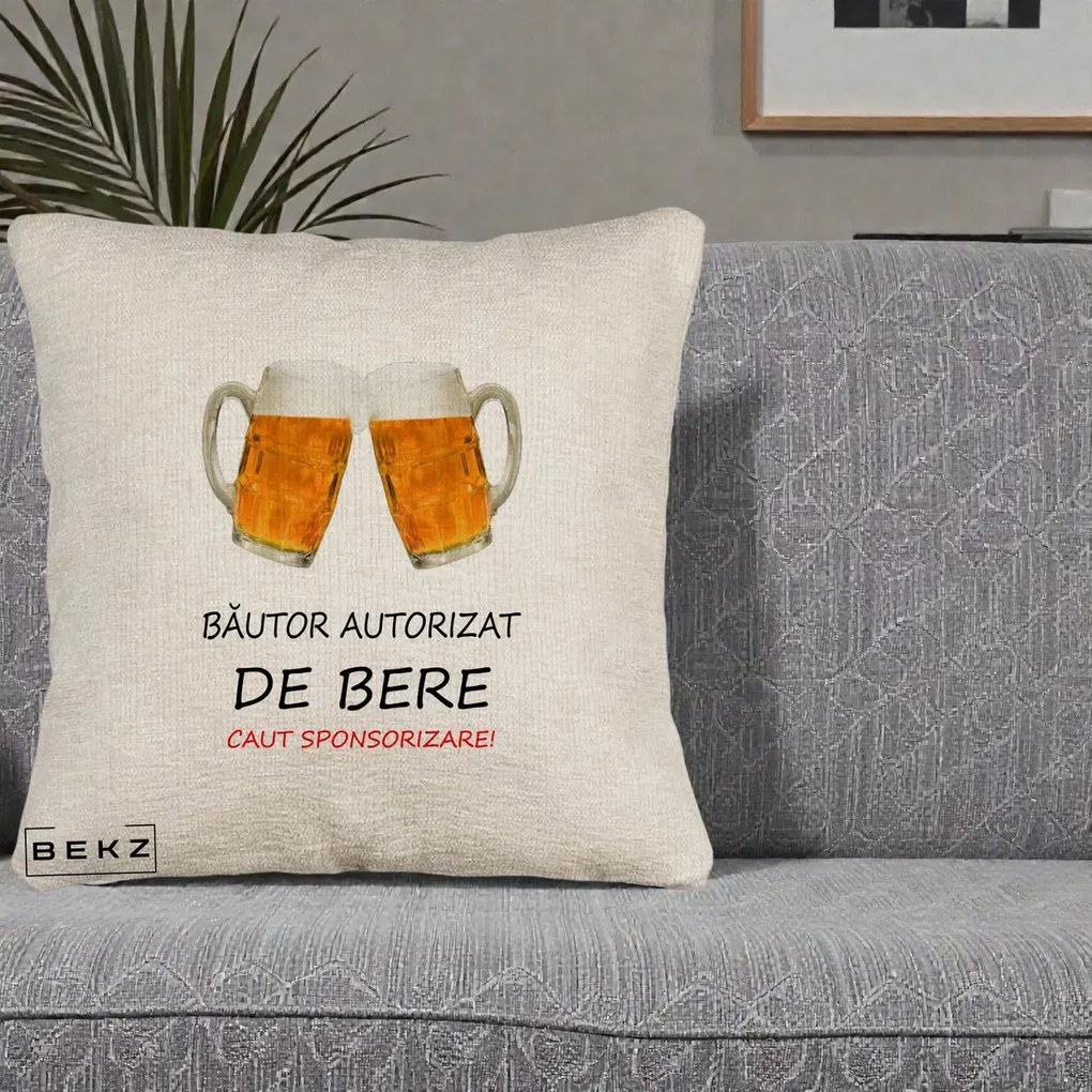 Perna Decorativa Bautor Autorizat de Bere, 40x40 cm, Bej Canapea, Husa Detasabila, Perna Inclusa, BEKZ®