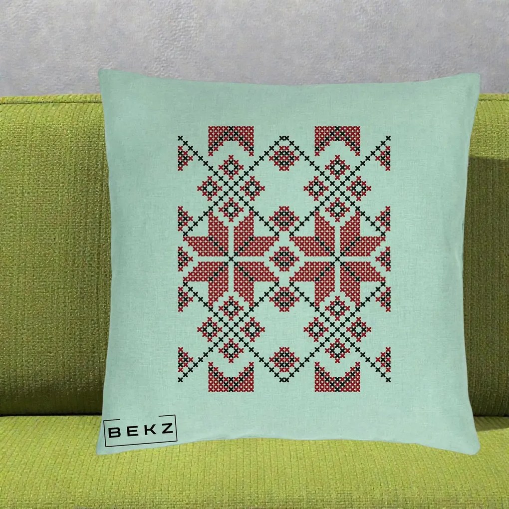 Perna Personalizata Motiv Traditional Cusatura Rosu-Negru, 40x40 cm, Verde Menta, Husa Detasabila, Perna Inclusa, BEKZ®
