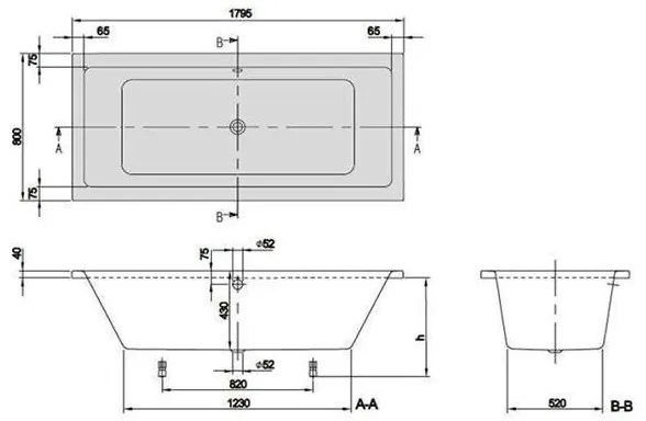 Cada dreptunghiulara Targa Plus Duo, Villeroy & Boch, 180 x 80 cm, alb alpin