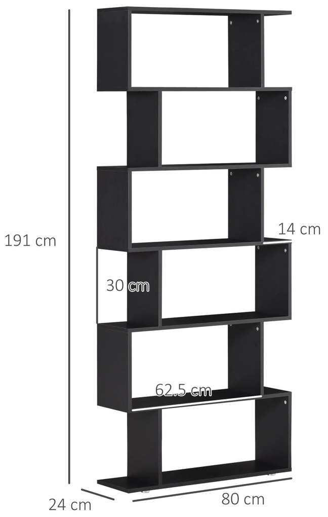 HOMCOM Bibliotecă Modernă cu 6 Rafturi, Design Zig-Zag, Lemn Rezistent, Ușor de Curățat, Negru, 80x24x191 cm | Aosom Romania